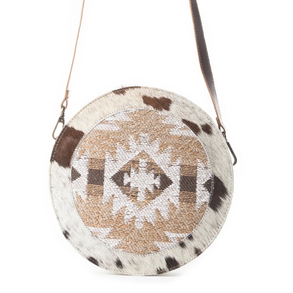 NWT Myra Hair On Hide Aztec Tribal Genuine Leather Boho Round Crossbody Handbag - Picture 2 of 5